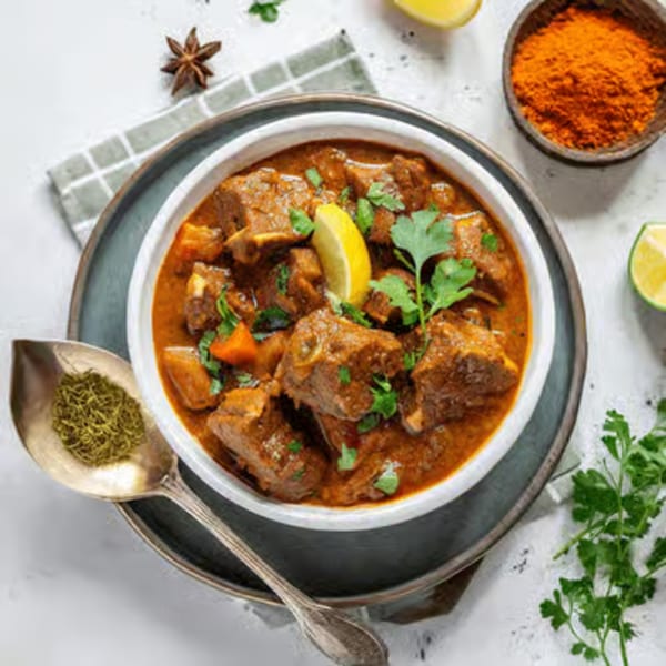 Indian lamb curry with lemon, cilantro, and spices on a white background.